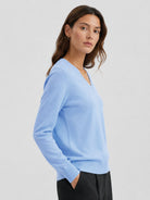 YUCOLEN Women's V Neck Lightweight Sweater Soft Artificial Wool Blend Pullover Top in Light Blue