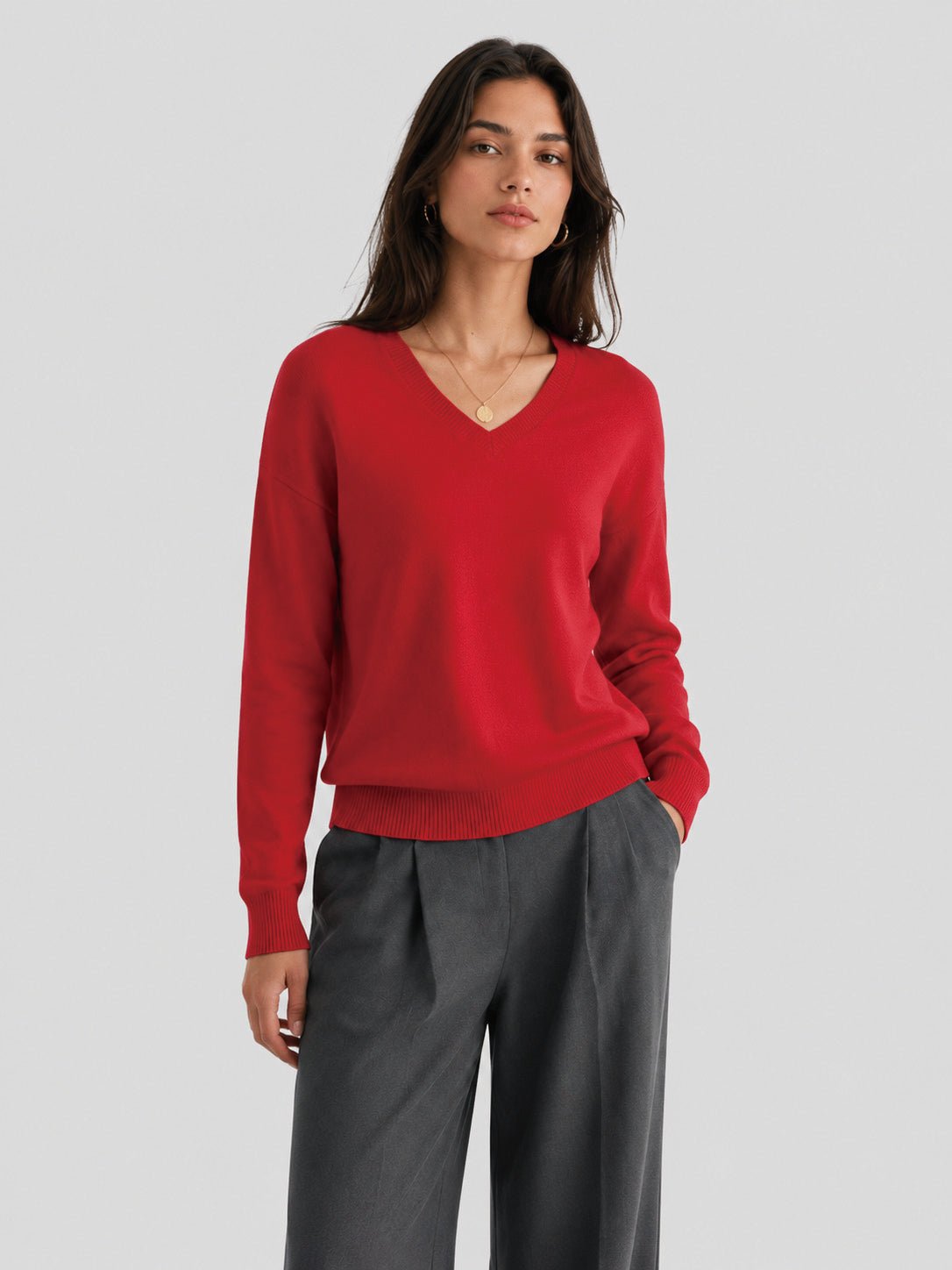 YUCOLEN Women's V Neck Lightweight Sweater Soft Artificial Wool Blend Pullover Top in Tomato Red