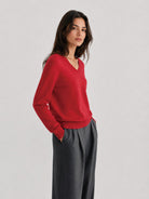 YUCOLEN Women's V Neck Lightweight Sweater Soft Artificial Wool Blend Pullover Top in Tomato Red