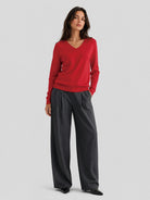YUCOLEN Women's V Neck Lightweight Sweater Soft Artificial Wool Blend Pullover Top in Tomato Red