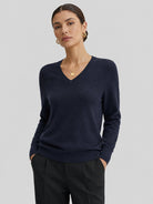 YUCOLEN Women's V Neck Lightweight Sweater Soft Artificial Wool Blend Pullover Top in Navy