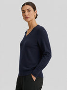YUCOLEN Women's V Neck Lightweight Sweater Soft Artificial Wool Blend Pullover Top in Navy