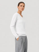 YUCOLEN Women's V Neck Lightweight Sweater Soft Artificial Wool Blend Pullover Top in White